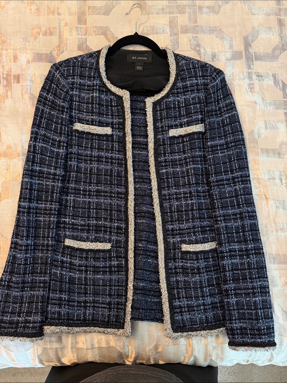 St. John Navy and Silver Tweed Open-Front Metallic Blazer